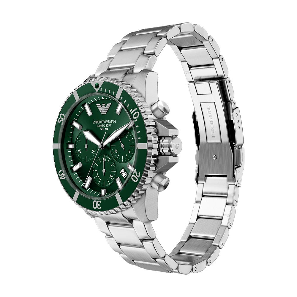Emporio Armani AR11741 angled view showing green dial, rotating bezel, and stainless steel bracelet