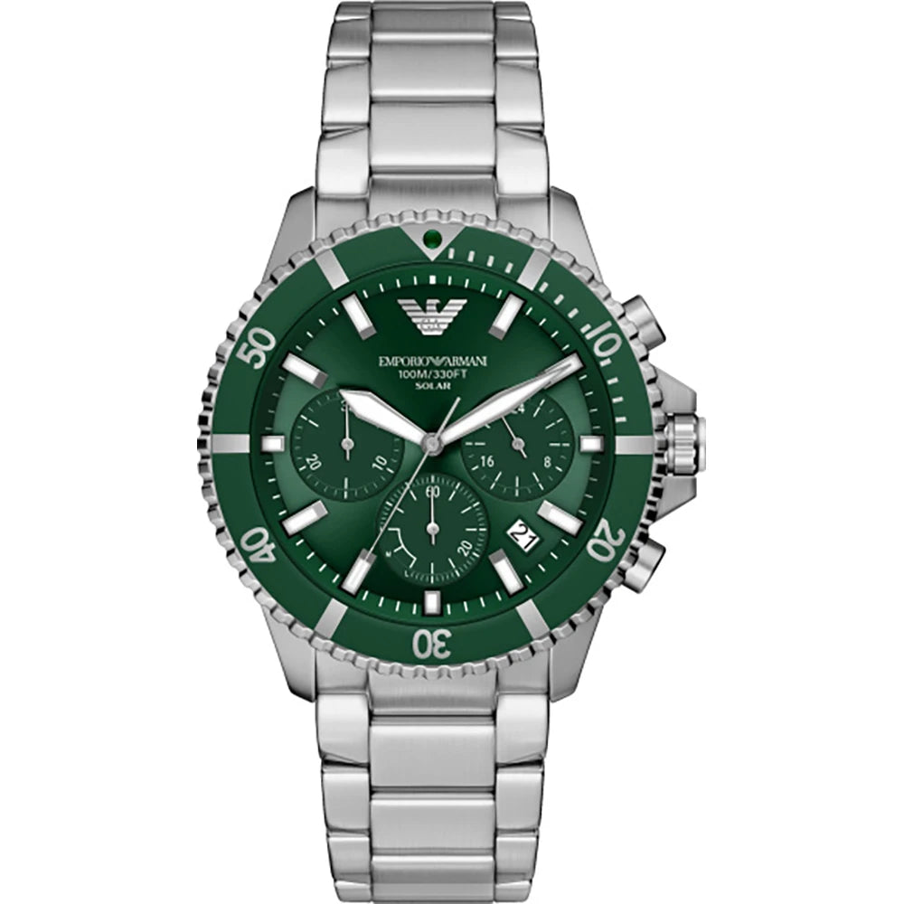 Emporio Armani AR11741 World Explorer Solar Chronograph with green dial and stainless steel bracelet