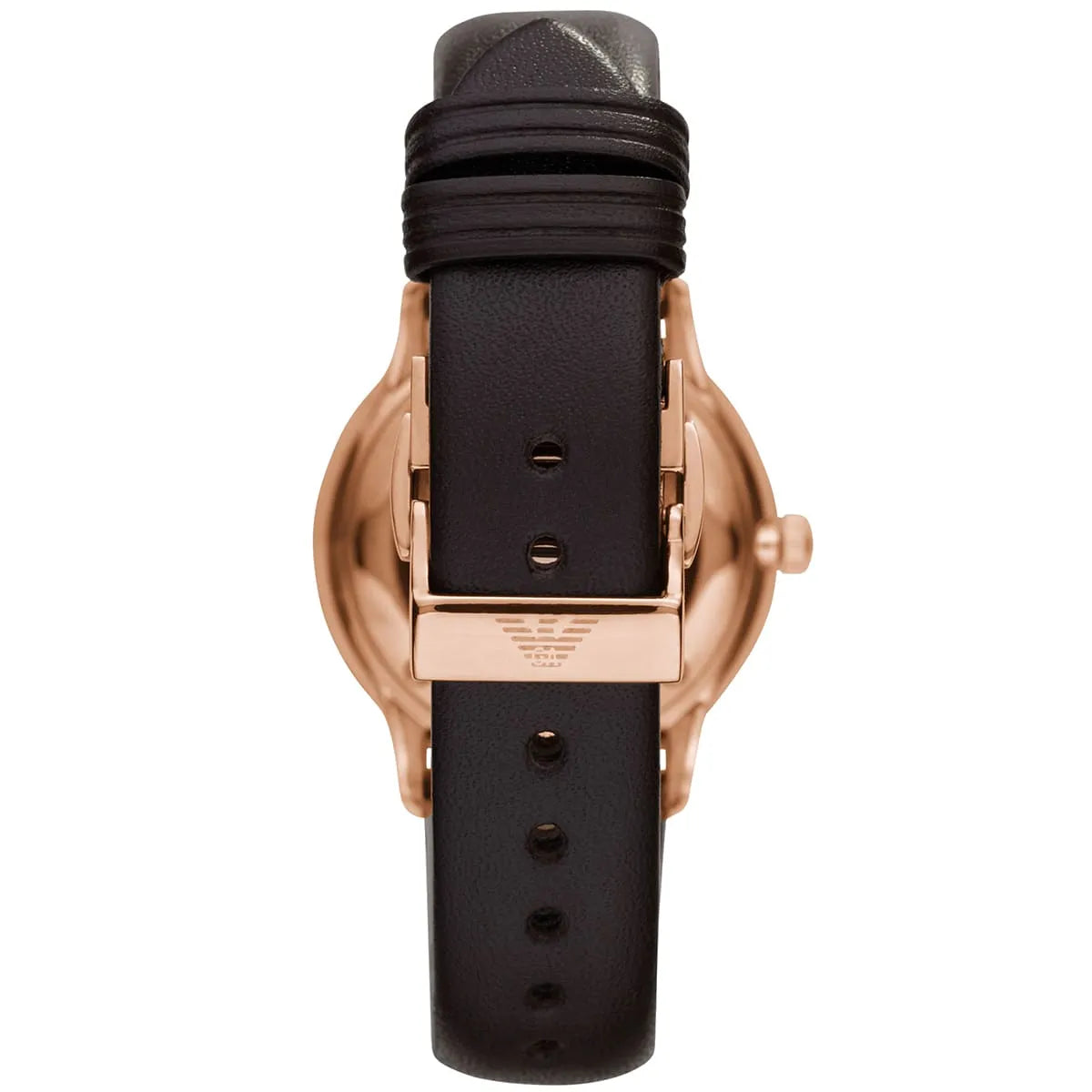 Emporio Armani AR1601 watch caseback showing rose gold case and brown leather strap