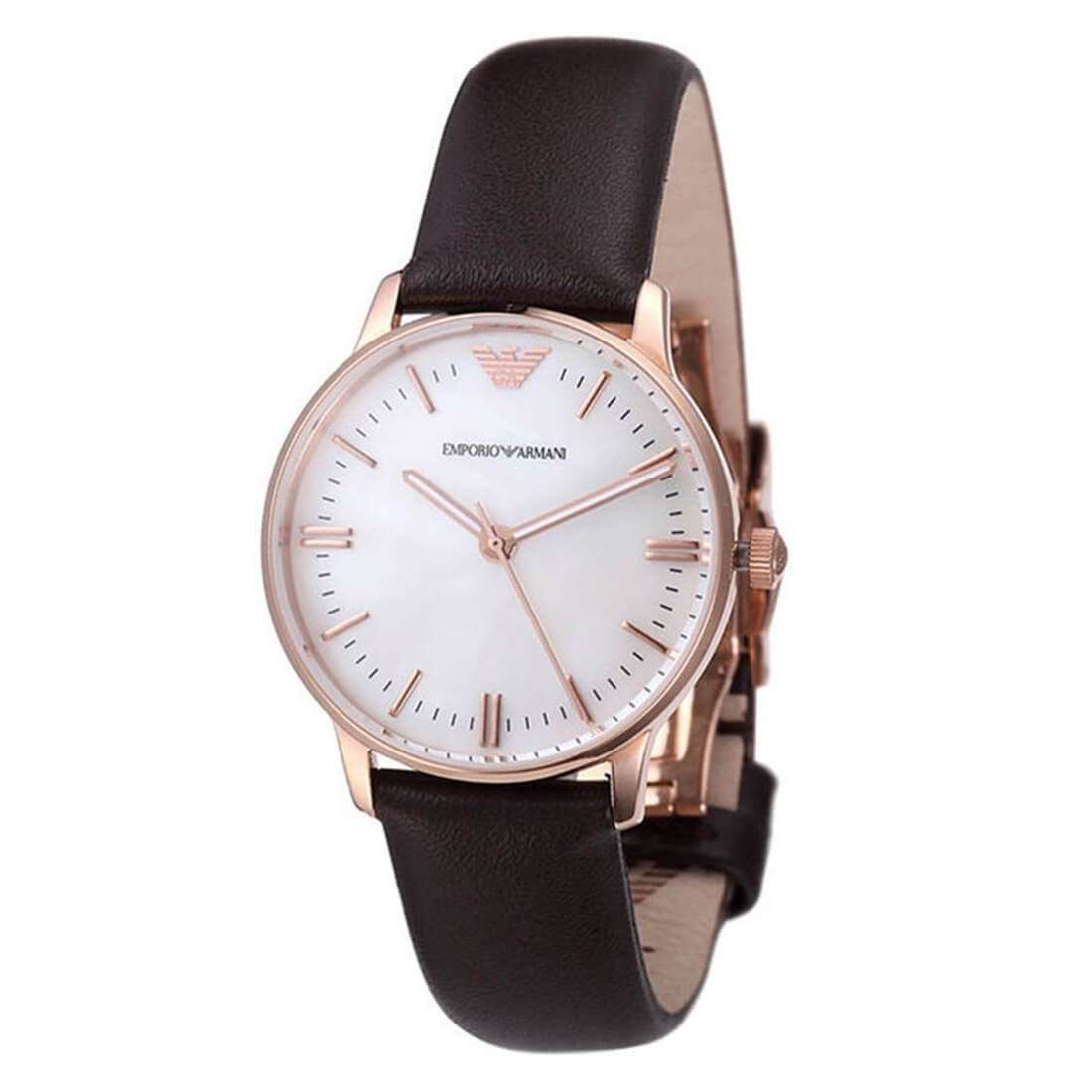 Emporio Armani AR1601 classic quartz watch with white mother of pearl dial and brown leather strap