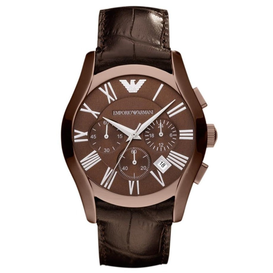 Emporio Armani AR1609 brown stainless steel chronograph watch with brown leather strap, front view