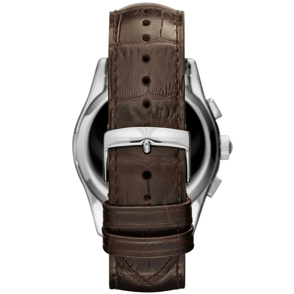 AR1634 watch caseback showing brown crocodile-textured leather strap