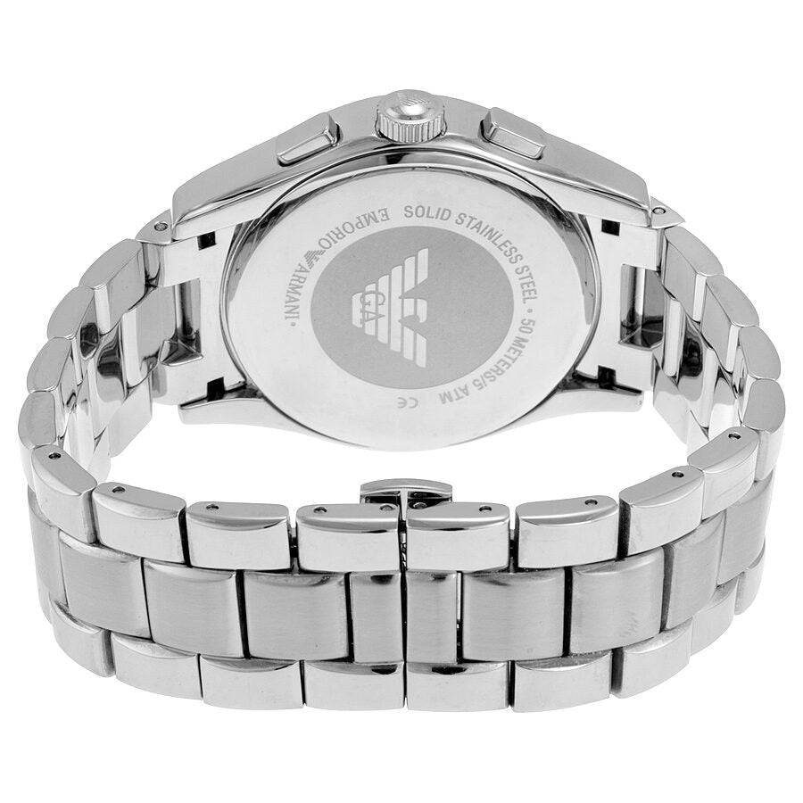 Emporio Armani watch caseback showing solid stainless steel back with engraved eagle logo