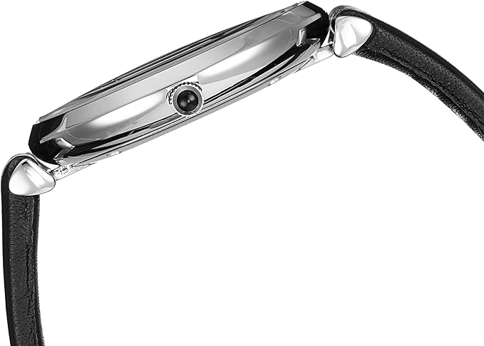 Side profile of Emporio Armani AR1674 watch showing stainless steel case and black leather strap