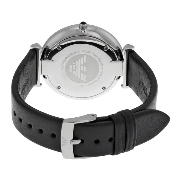 Caseback view of Emporio Armani AR1674 watch showing engraved eagle logo and buckle detail