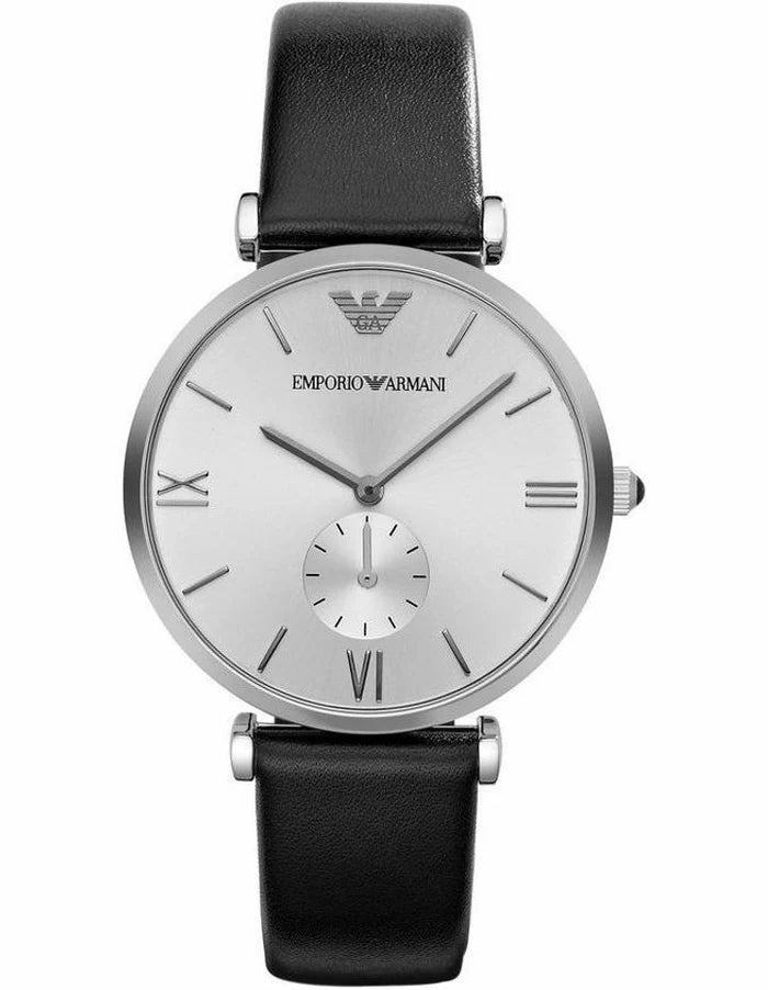 Emporio Armani AR1674 watch with silver dial, Roman numerals, and black leather strap