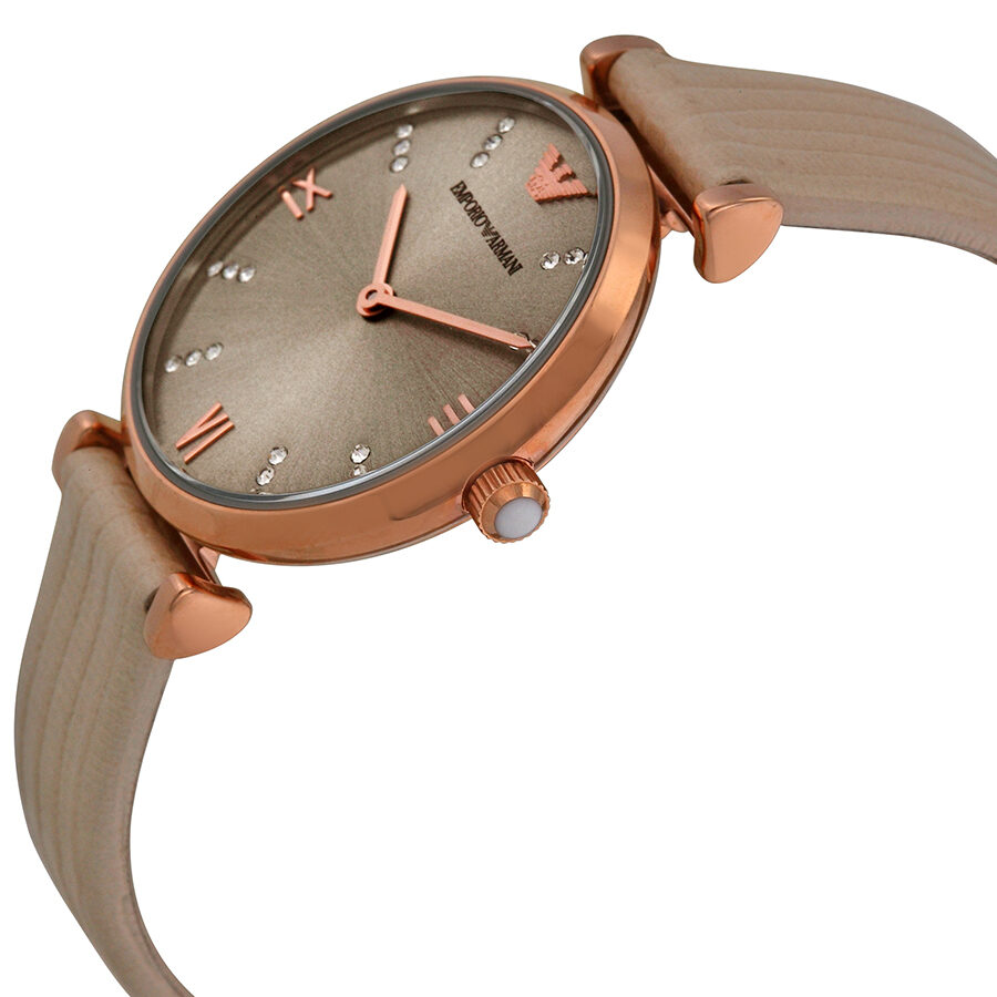 Angled side view of Emporio Armani AR1681 watch with grey dial and rose gold case