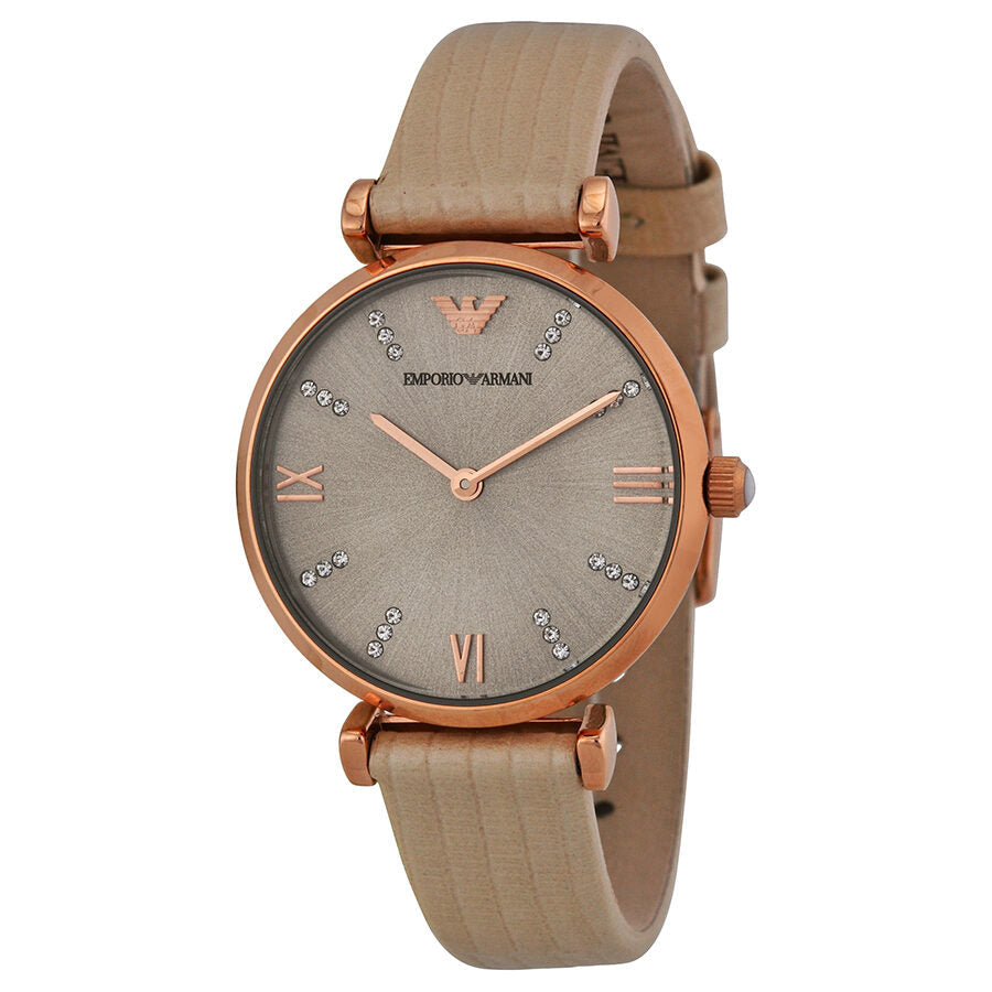 Emporio Armani AR1681 ladies watch with warm grey dial, rose gold case and taupe leather strap