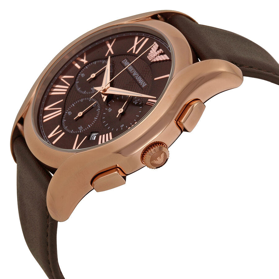 Side angle view of Emporio Armani AR1701 with rose gold chronograph case and brown leather strap