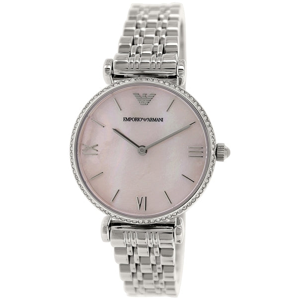Emporio Armani AR1781 three-quarter view showing pink dial with crystal bezel and linked steel bracelet
