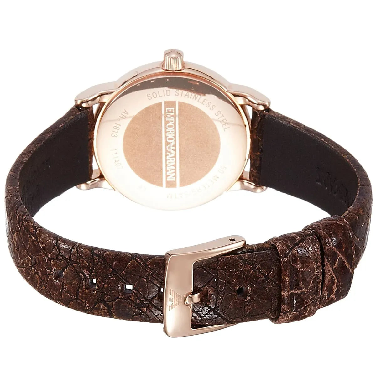 Case back of Emporio Armani AR1813 showing engraved text and rose gold stainless steel backing