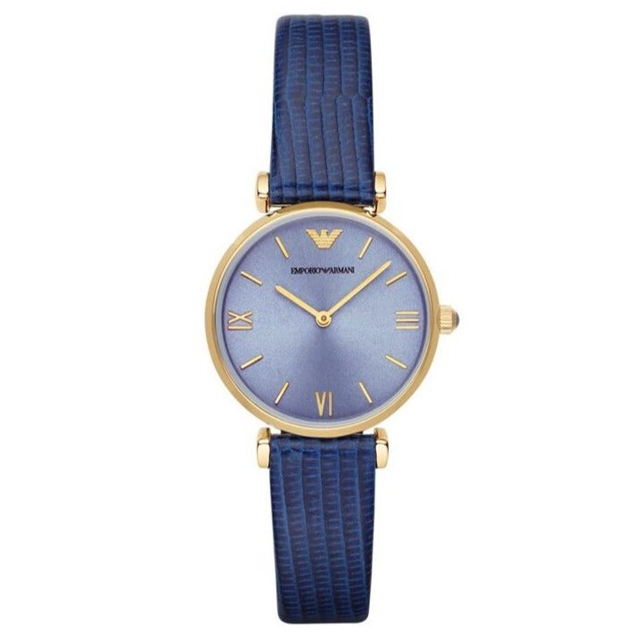 Emporio Armani AR1875 blue dial women's watch with gold-tone case and navy leather strap