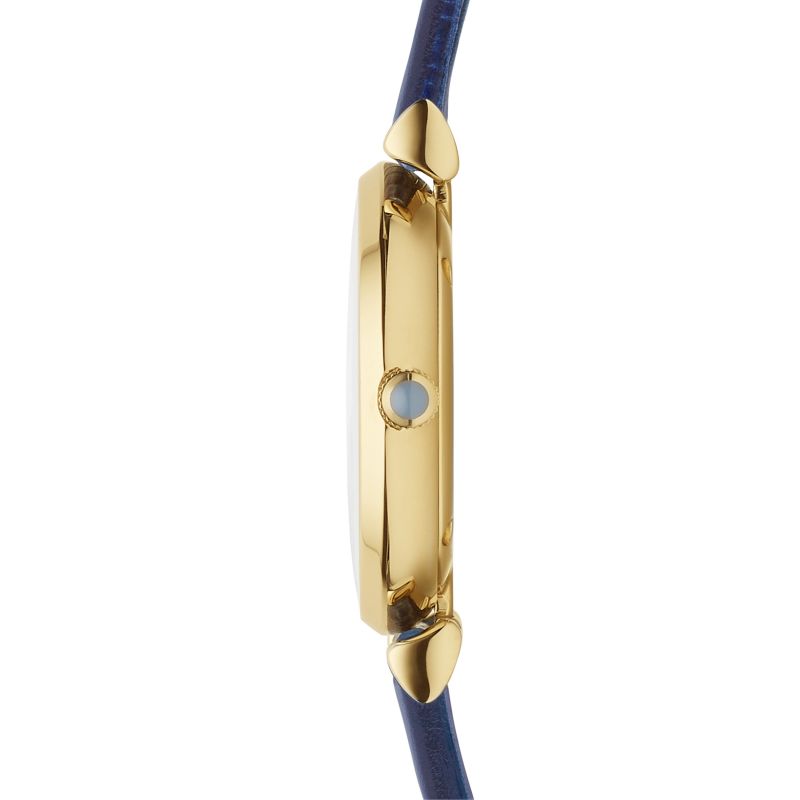 Side view of Emporio Armani AR1875 watch showing gold-tone case and navy strap