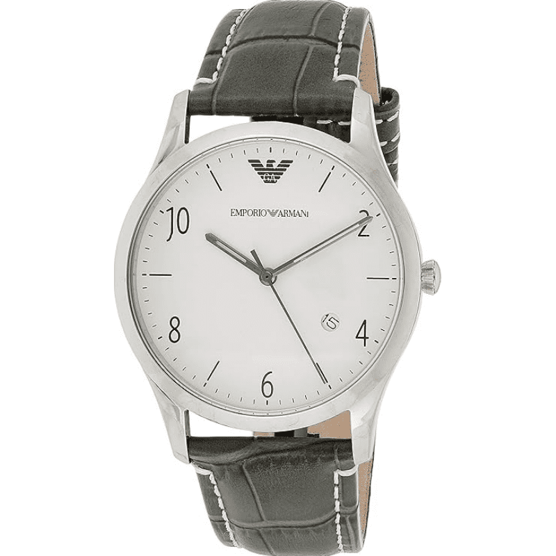 Emporio Armani AR1880 silver stainless steel watch with white dial and gray leather strap