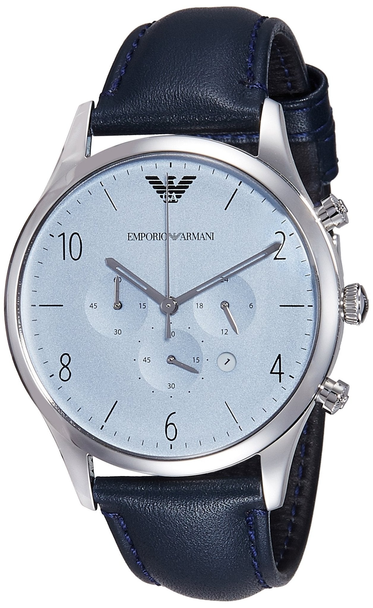 Emporio Armani AR1889 chronograph watch three-quarter view showing dial and leather strap