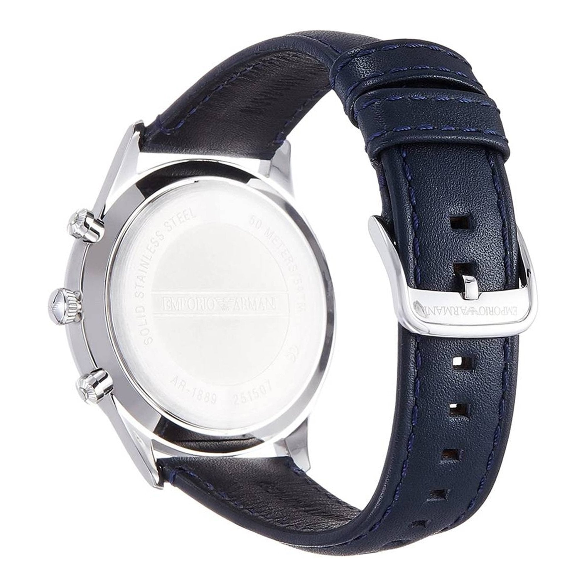 Emporio Armani AR1889 chronograph watch worn on wrist with blue leather strap