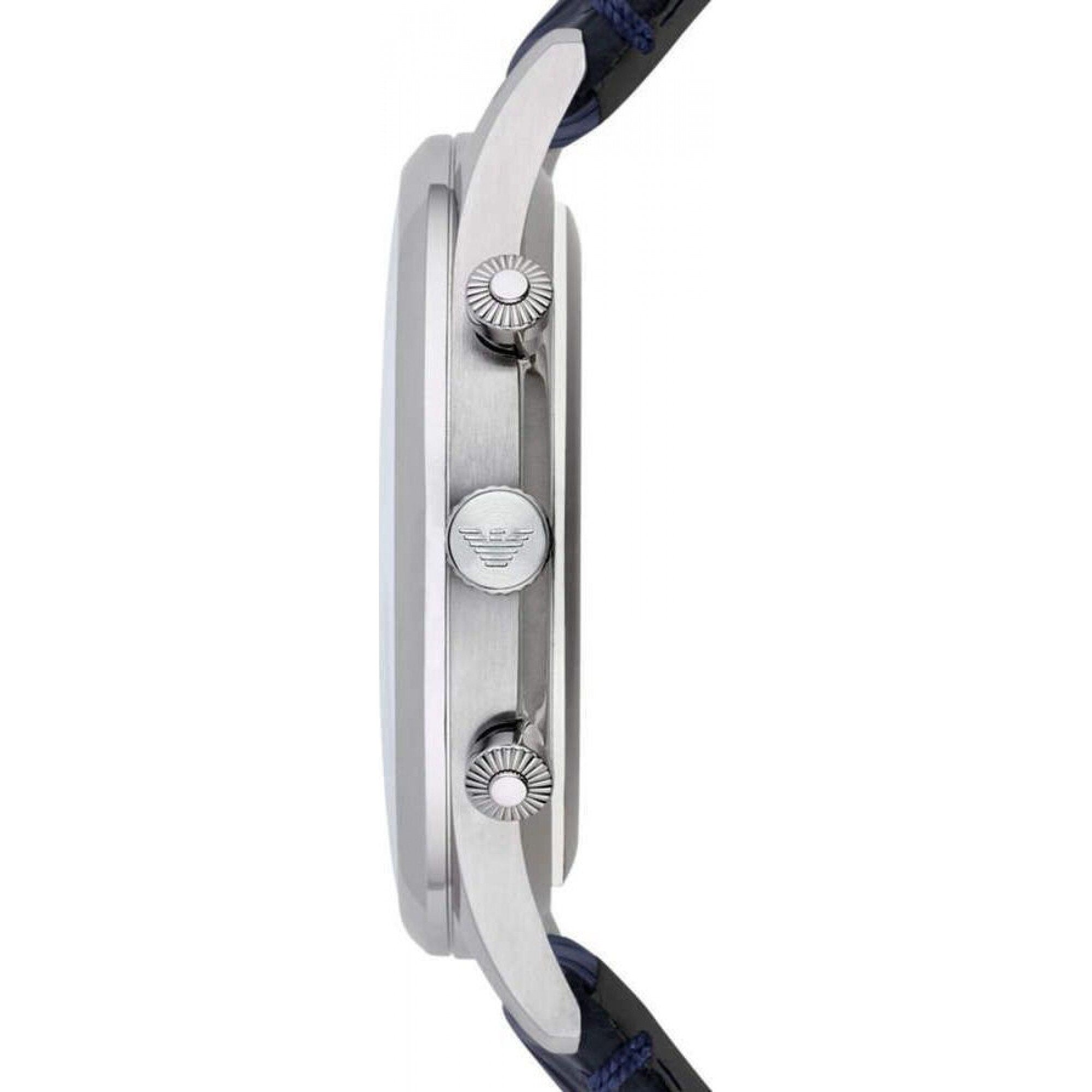 Emporio Armani AR1889 side profile showing stainless steel case and chronograph pushers