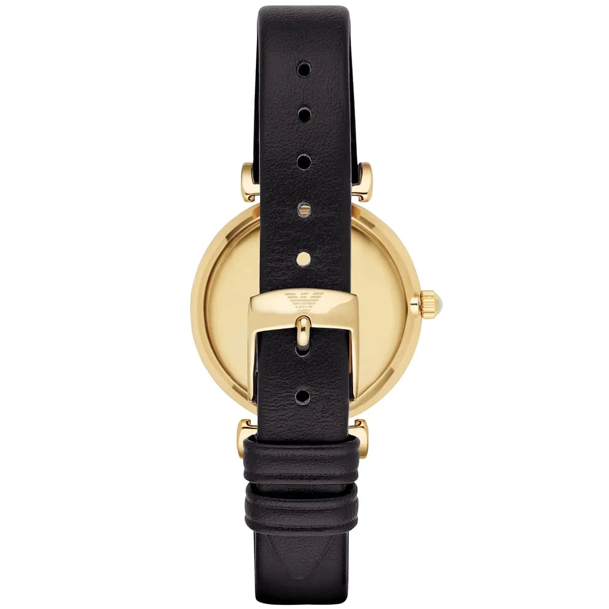 Caseback of Emporio Armani AR1910 showing gold case with eagle logo and adjustment holes