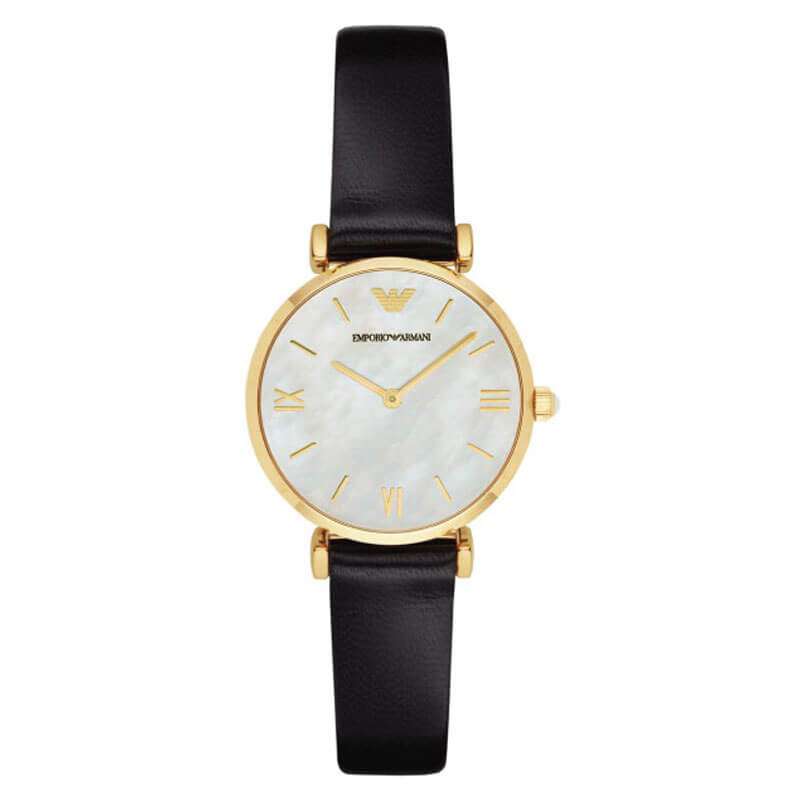 Emporio Armani AR1910 women's watch with white mother-of-pearl dial and gold Roman numerals on black leather strap