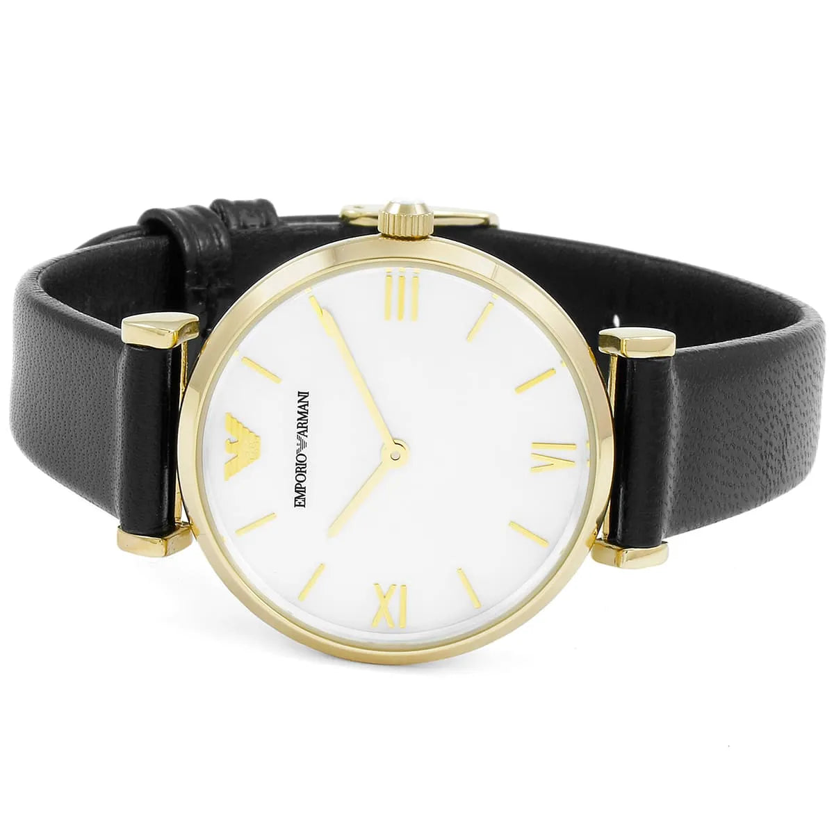 Emporio Armani AR1910 worn on wrist showing white MOP dial with gold accents