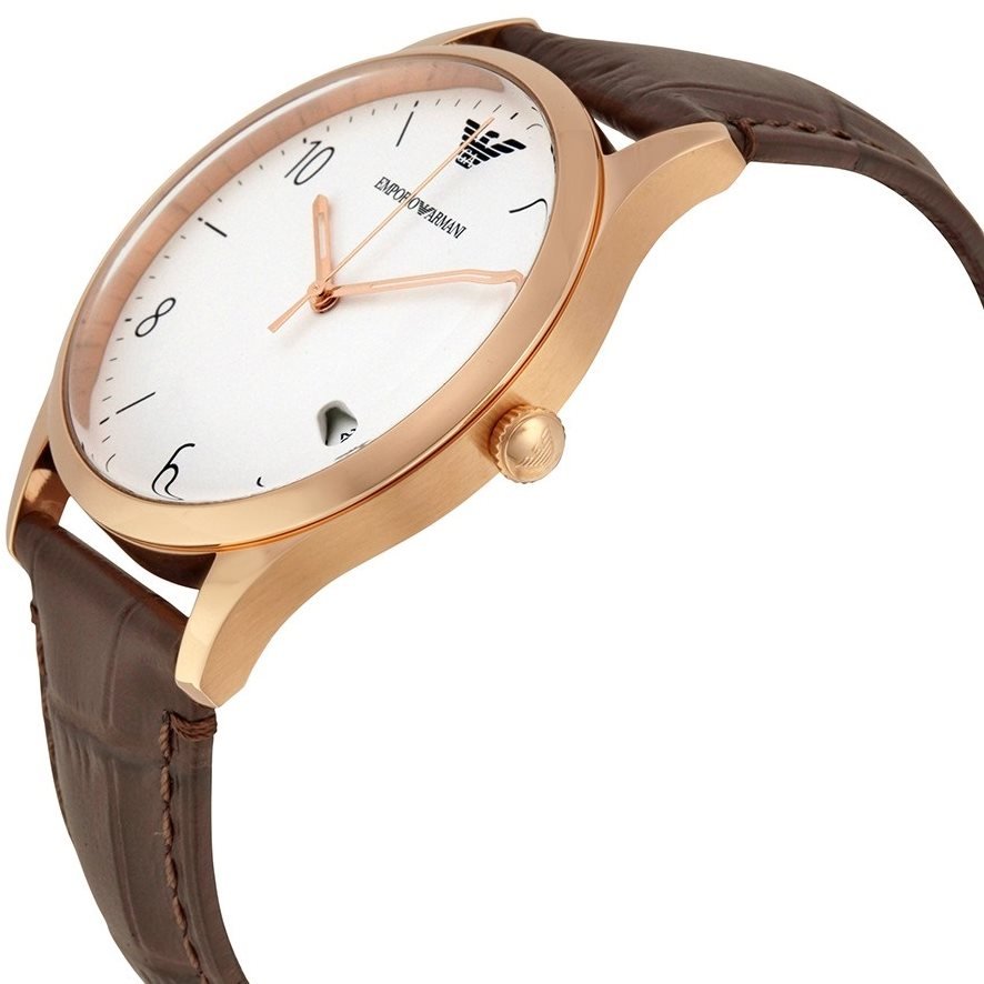 Emporio Armani AR1915 side profile with rose gold case and brown leather