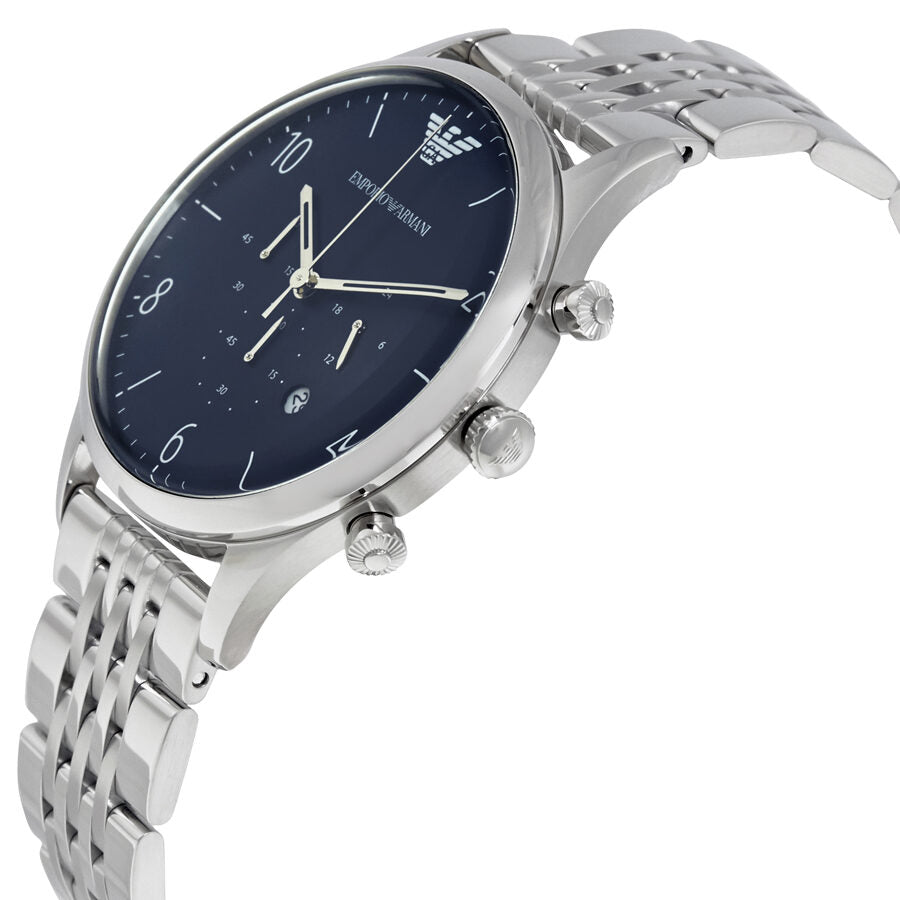 AR1942 dress chronograph with blue dial, stainless steel case and bracelet side view
