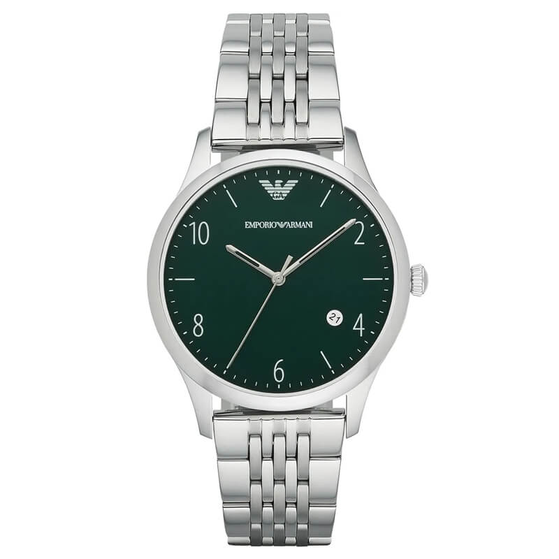Emporio Armani AR1943 green dial watch with silver stainless steel bracelet, front view