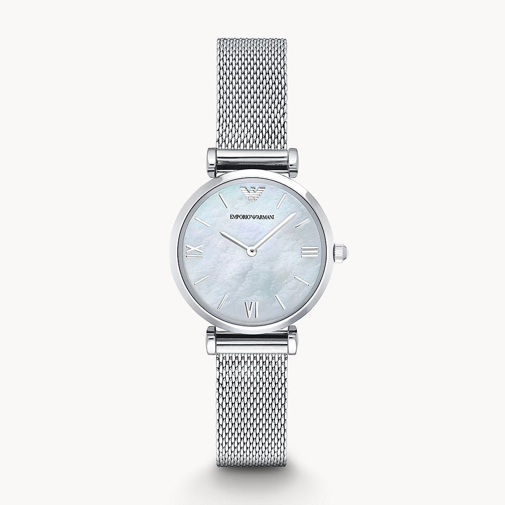 Emporio Armani AR1955 silver ladies watch with mother-of-pearl dial and mesh bracelet