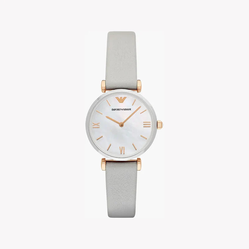 Emporio Armani AR1965 white dial women's watch with gray leather strap and rose gold accents
