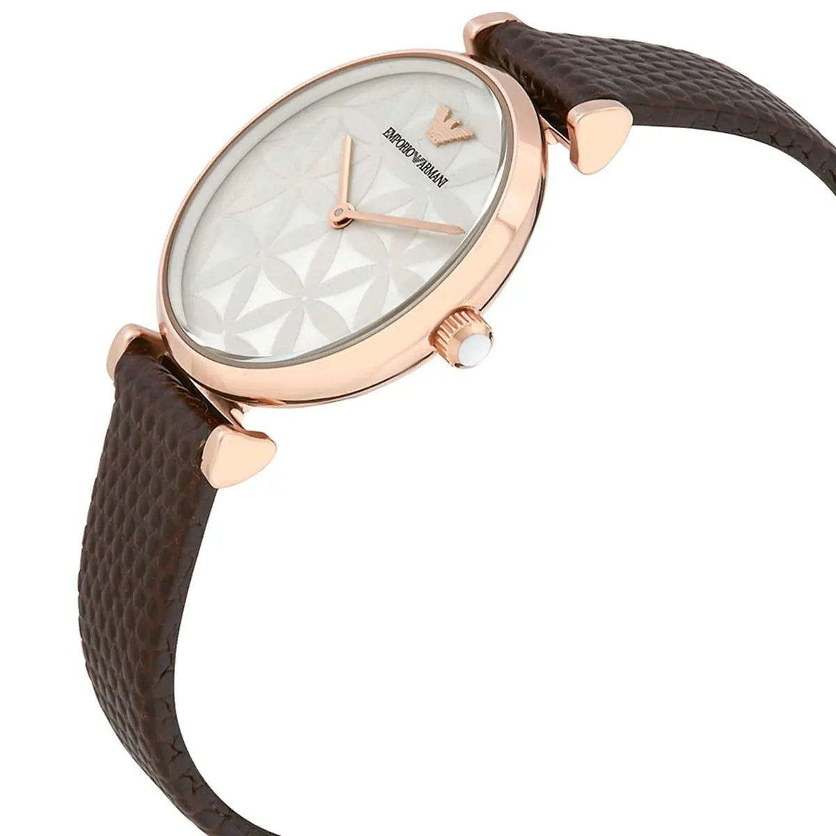 AR1990 watch angled view showing rose gold case, white patterned dial and brown leather strap