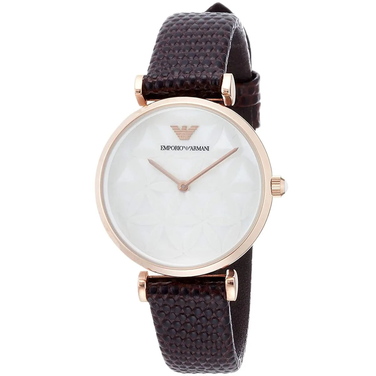 AR1990 women's watch showing rose gold case, white dial and brown textured leather strap