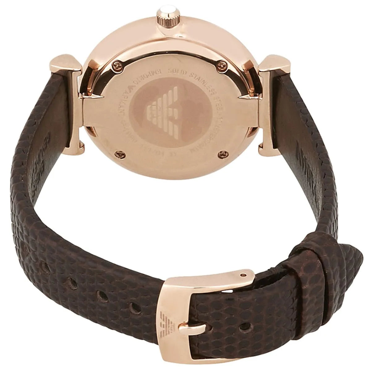 AR1990 caseback view with Emporio Armani eagle logo engraving and rose gold case