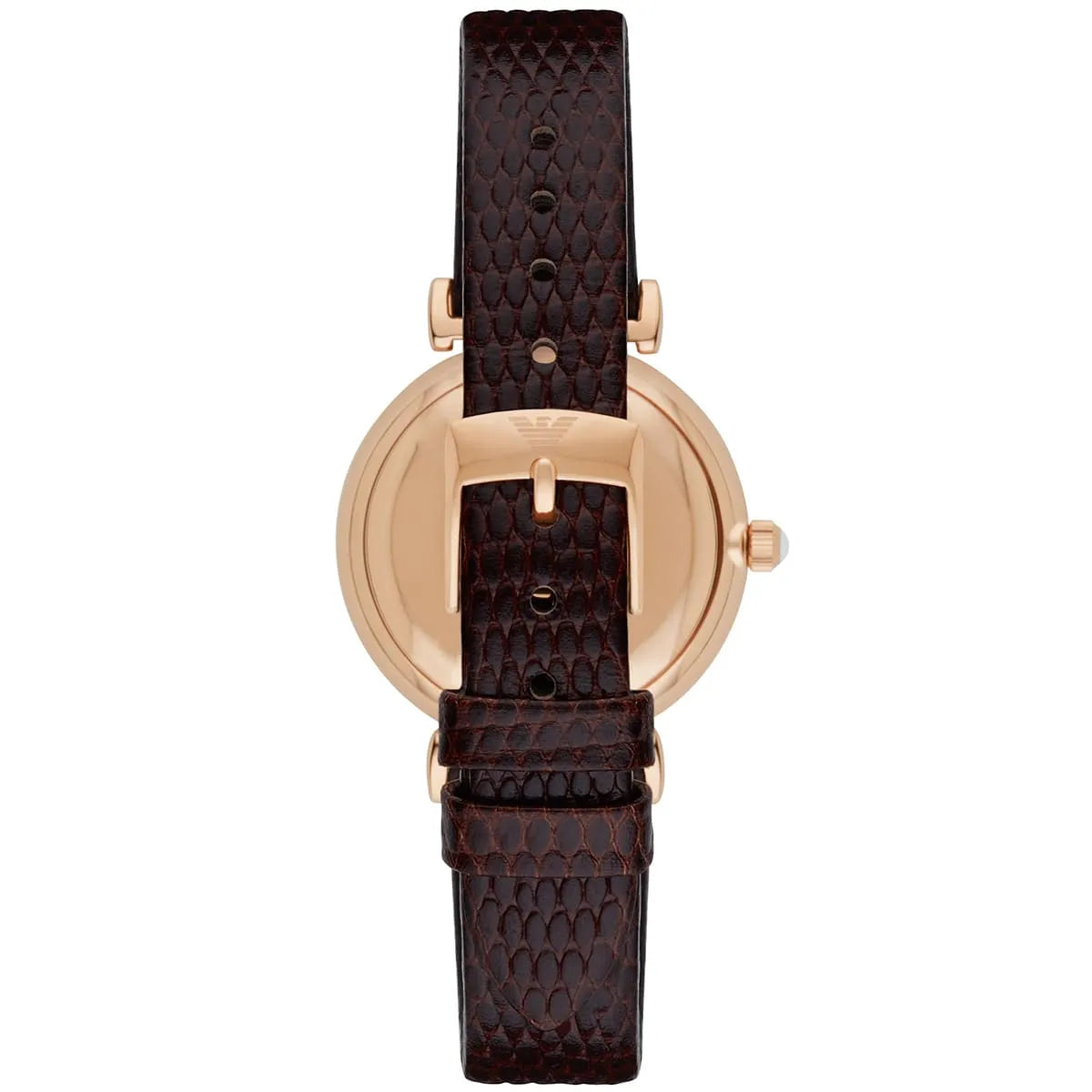AR1990 watch caseback displaying rose gold case and Emporio Armani branding with brown strap