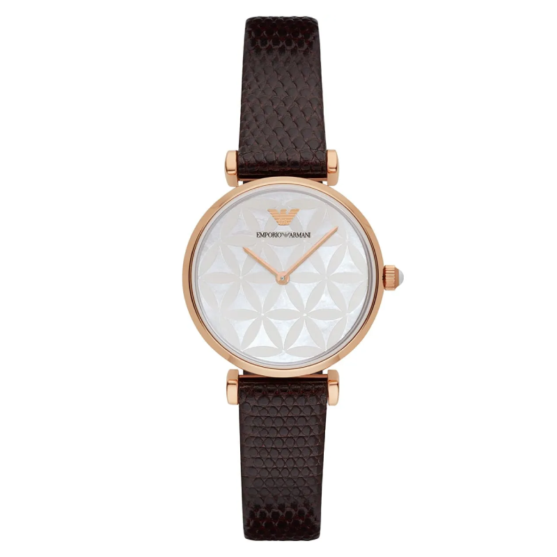 Emporio Armani AR1990 rose gold women's watch with white patterned dial and brown leather strap