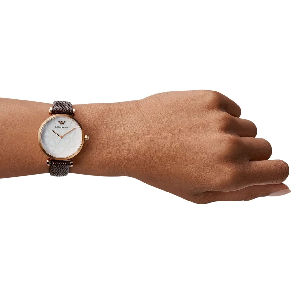 Emporio Armani AR1990 rose gold watch worn on wrist with brown leather strap