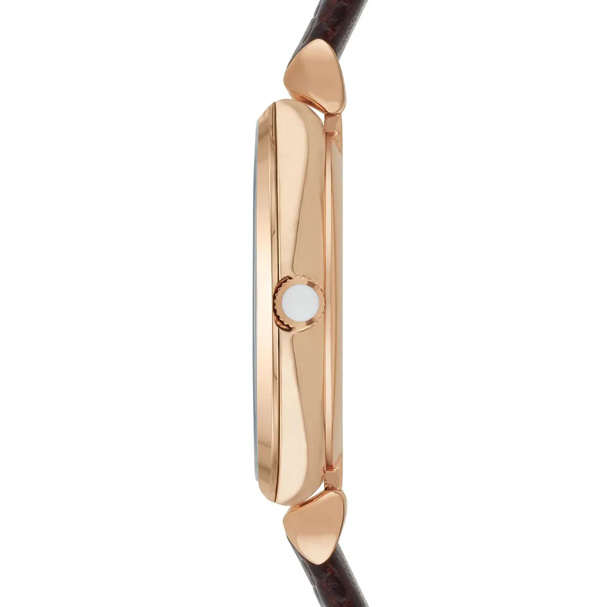 AR1990 watch side profile showing rose gold case thickness and brown leather strap