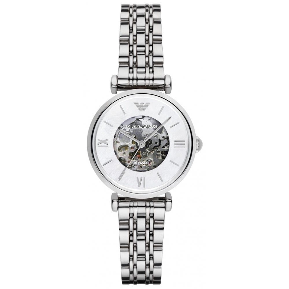 Emporio Armani AR1991 silver stainless steel women's watch with skeleton dial and Roman numerals