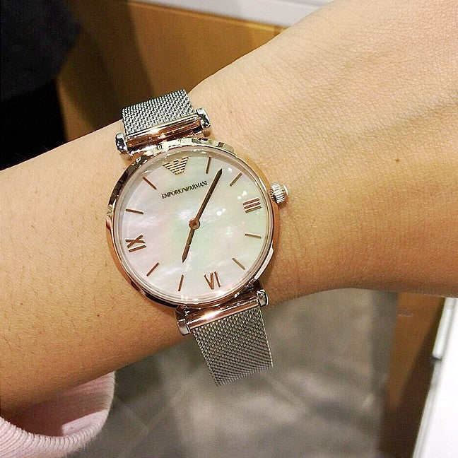 Emporio Armani AR2068 watch worn on wrist with mesh bracelet