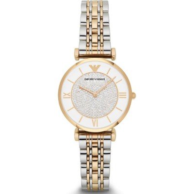 Emporio Armani AR2076 watch with white pave dial and two-tone stainless steel bracelet