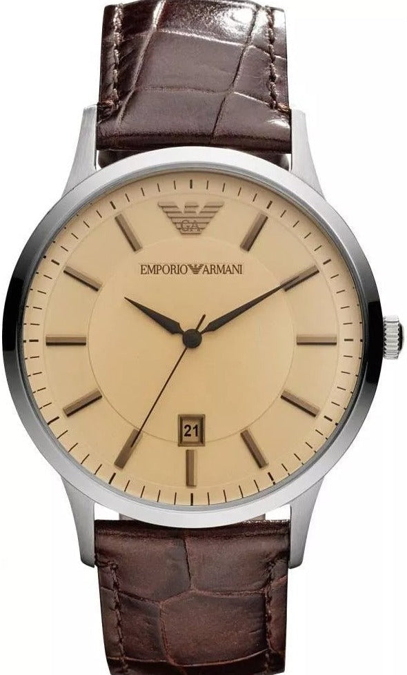 Emporio Armani AR2427 stainless steel watch with cream dial and brown crocodile leather strap