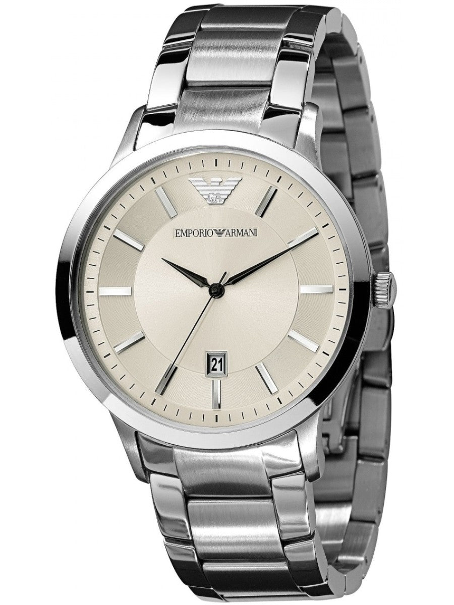 Emporio Armani AR2431 men's quartz watch with white dial and silver steel strap