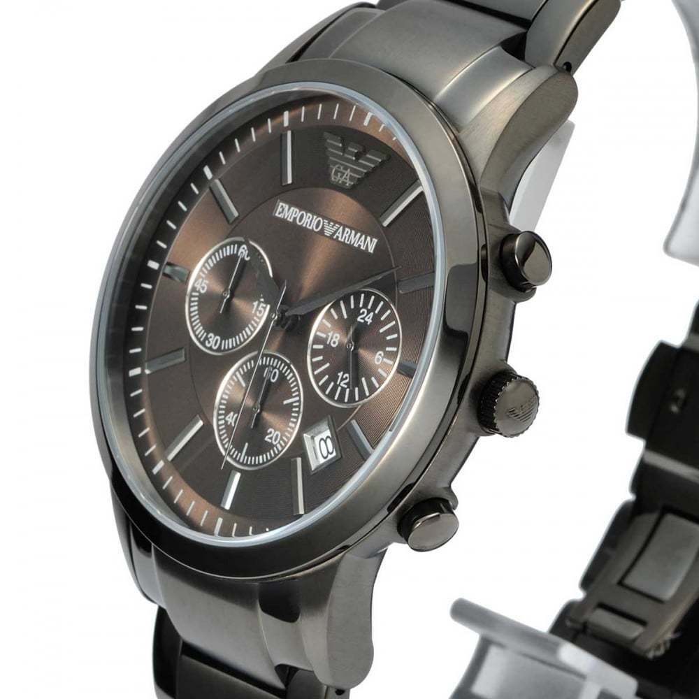 Emporio Armani AR2454 chronograph watch three-quarter view showing gunmetal case, subdials and date window