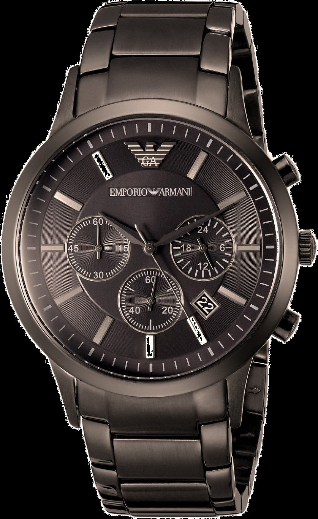 Emporio Armani AR2454 men's chronograph watch front view with gunmetal stainless steel case and bracelet