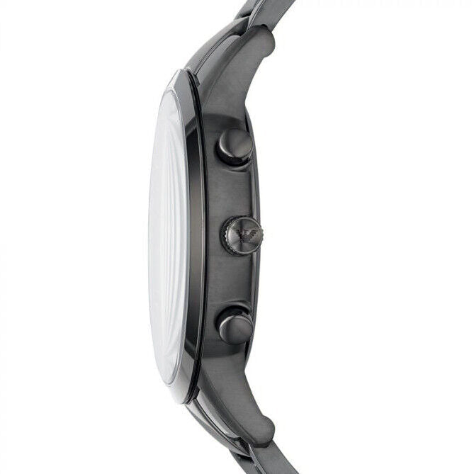 Emporio Armani AR2454 watch side profile showing gunmetal stainless steel case and chronograph pushers