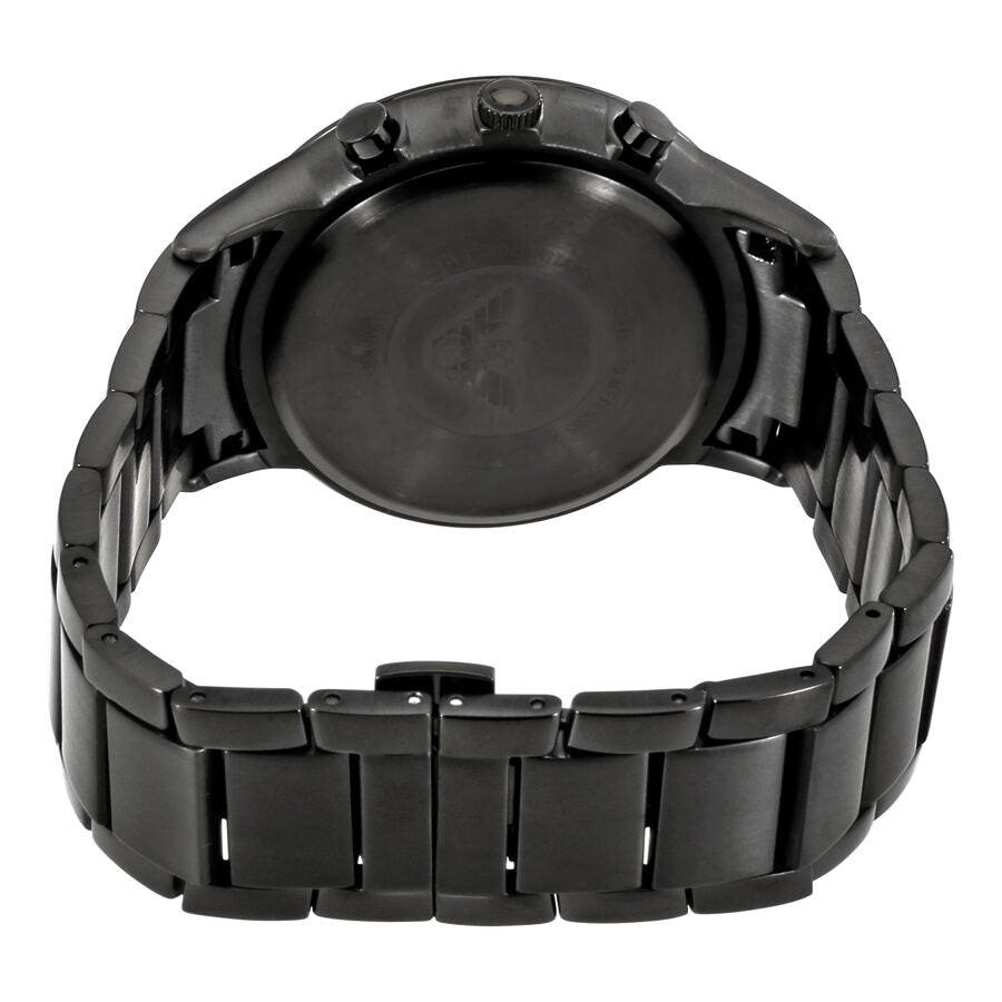 Caseback view of Emporio Armani AR2485 watch showing black stainless steel case and bracelet