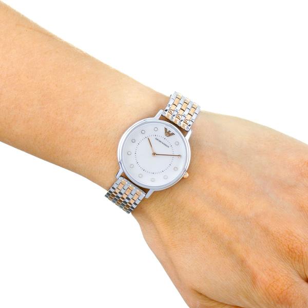 Emporio Armani AR2508 ladies watch on wrist showing dial and two-tone metal bracelet