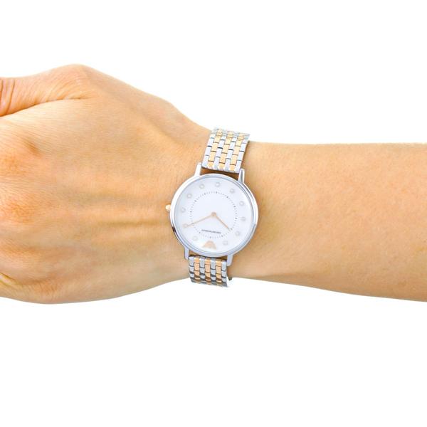 Emporio Armani AR2508 mother of pearl dial watch worn on wrist with two-tone bracelet