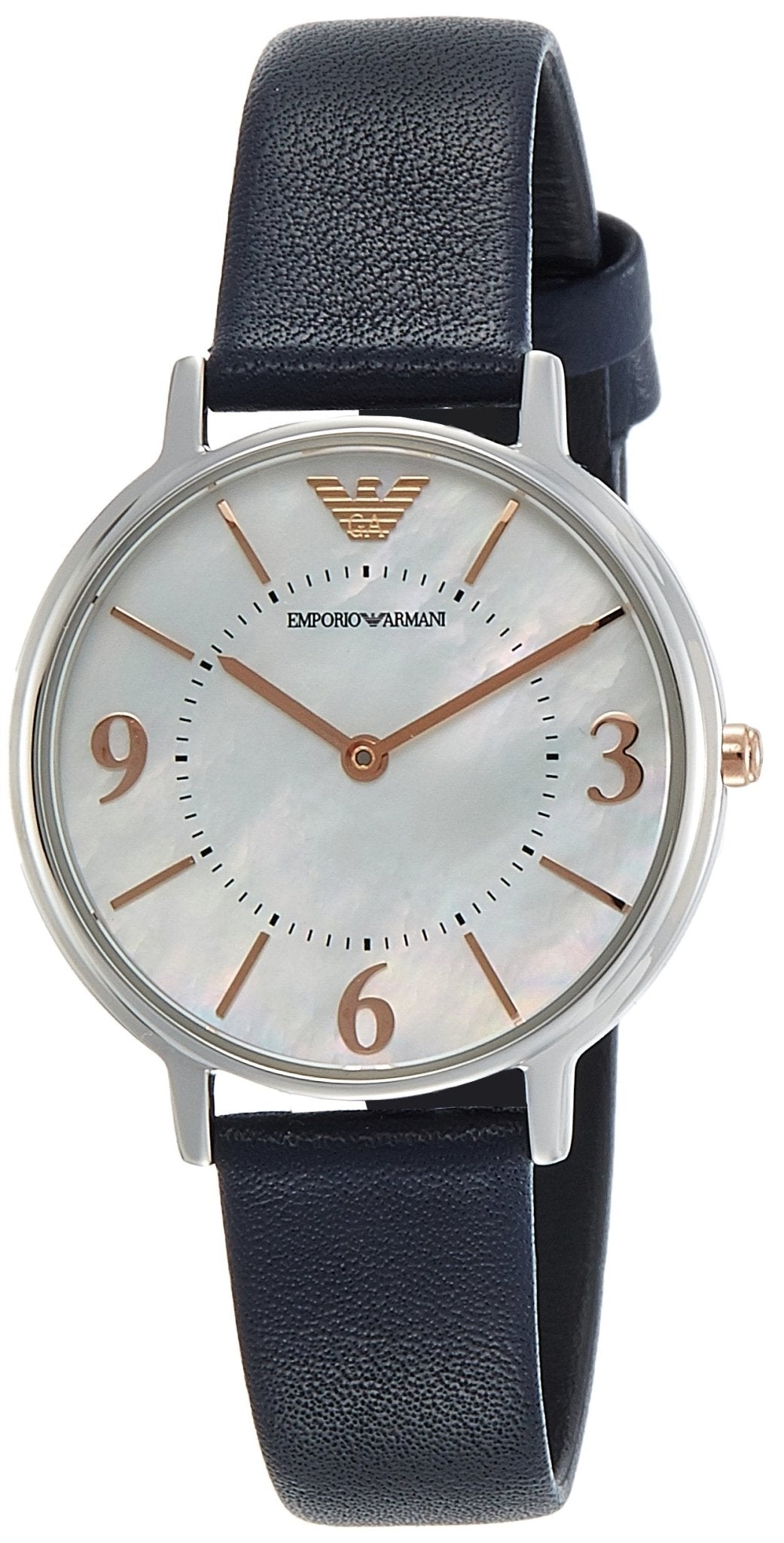 Emporio Armani AR2509 women's watch with white dial, rose gold Arabic numerals and hands, blue leather strap