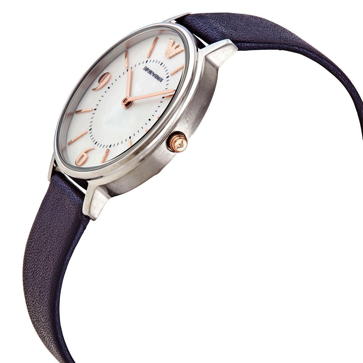 Emporio Armani AR2509 worn on wrist, displaying minimalist white dial with rose gold numerals and slender blue strap