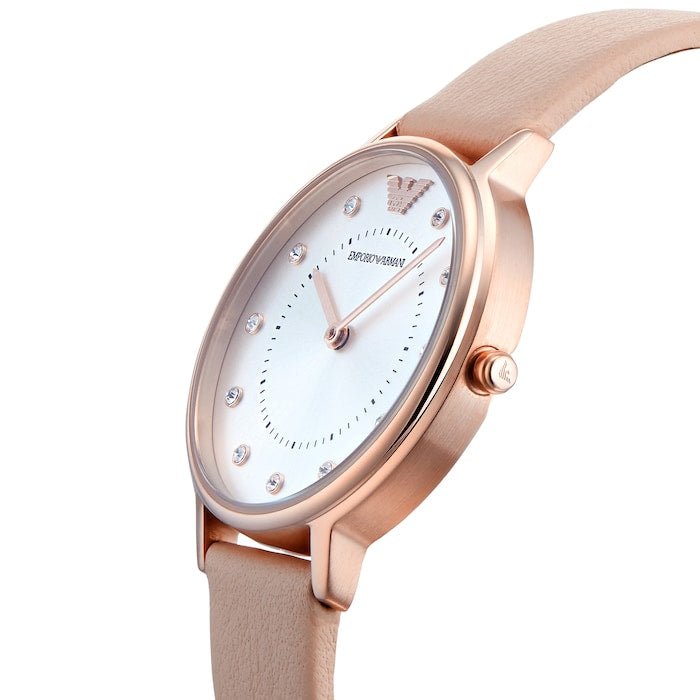 Side angle view of Emporio Armani AR2510 watch with rose gold case and beige leather strap